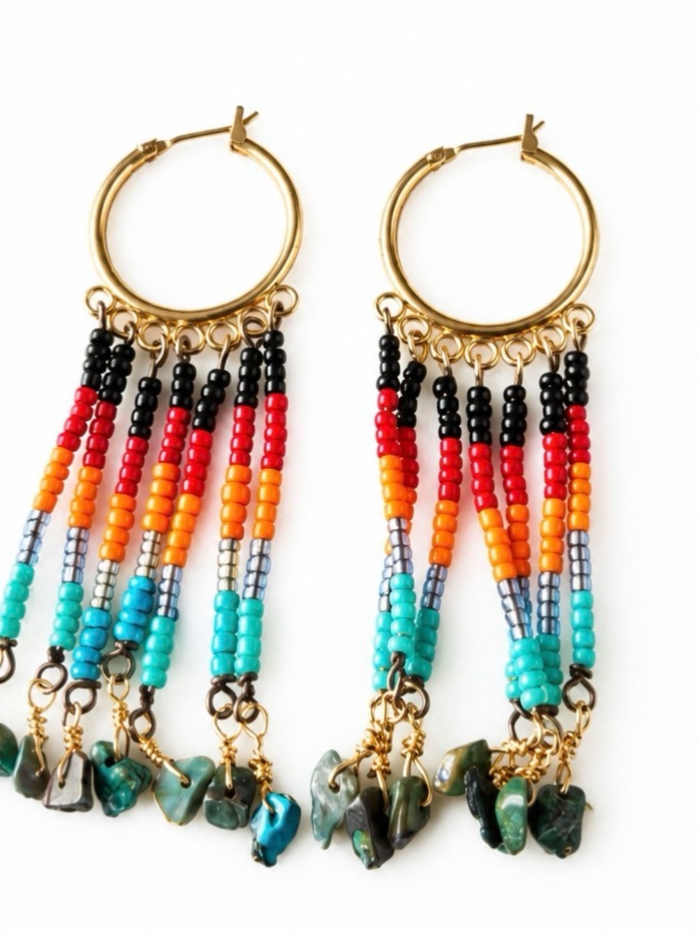 Beaded Multi-Color Fringe Hoop Earrings - Gold